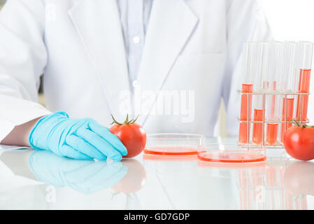 Asian donna scienziato verifica la modificazione genetica cibo sarà ok per uomo Foto Stock