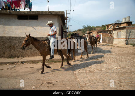 Un cubano guarjiro o cowboy tenendo i suoi cavalli casa dopo assunzione di turisti in gita a cavallo della campagna in Trinidad, Cuba Foto Stock