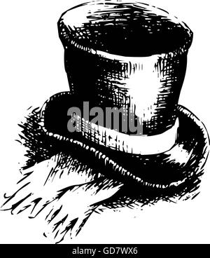 Top hat e guanti. Illustrazione Vettoriale su un bianco Foto Stock