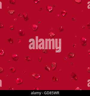 Ripetibile petali di rosa in rosso, studio fotografato, con ombre sul terreno, isolato sul rosso. Foto Stock