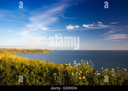 Estate nuvole cirus floating attraverso un cielo blu chiaro sulla splendida località costiera di whitsand bay e la penisola di rame, Cornwall, Regno Unito Foto Stock