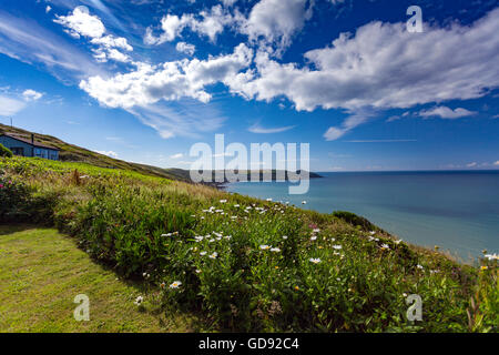 Whitsand Bay, Cornwall, Regno Unito. Il 14 luglio 2016. Regno Unito - Previsioni del tempo - giorno caldo e soleggiato sopra Whitsand Bay con Cirrus nuvole visibili overhead. Un caldo giorno previsto con cielo blu chiaro per gran parte della giornata Foto Stock