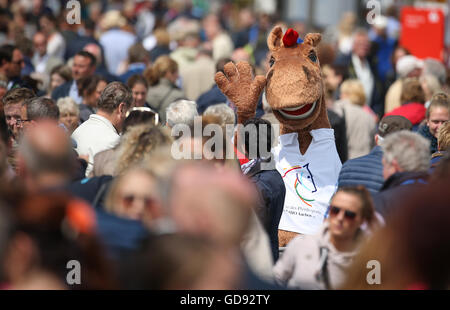 Aachen, Germania. 14 Luglio, 2016. Il Mascot Karli passeggiate attraverso la folla al torneo equestre chio di Aachen, Germania, 14 luglio 2016. Foto: Friso Gentsch/dpa/Alamy Live News Foto Stock