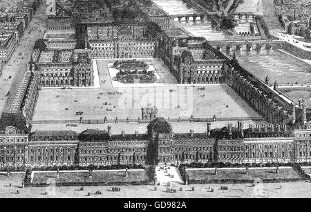 Il palazzo delle Tuileries fu un royal e il palazzo imperiale di Parigi che sorgeva sulla sponda destra del fiume Senna. Esso è stato il solito residenza parigina della maggior parte dei monarchi francesi, da Enrico IV a Napoleone III, fino a quando non è stato bruciato dal Comune di Parigi nel 1871. Foto Stock