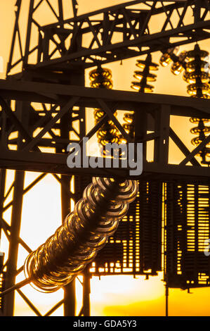 Le linee elettriche, poli e un isolatore di vetro in una stazione di alimentazione, al tramonto. Foto Stock