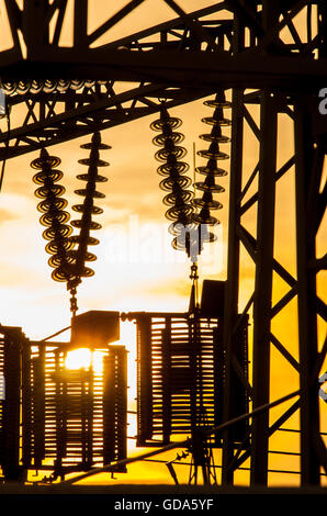 Le linee elettriche, i poli e gli isolatori di vetro in una stazione di alimentazione al tramonto Foto Stock