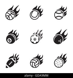 Vettore fuoco nero sport palle set di icone Illustrazione Vettoriale
