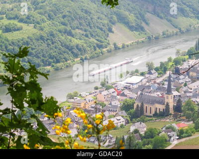 In Germania, in Renania Palatinato, Kröv, sul Mosel sentiero ripido, freighter barca passando la valle del fiume, vista del villaggio con il fiume e la nave da carico Foto Stock