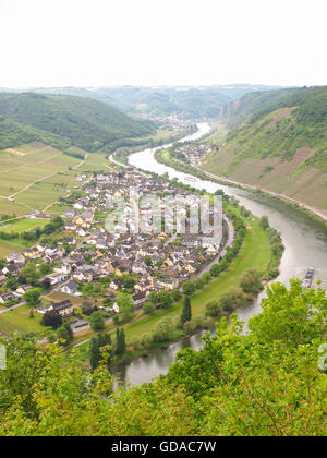 In Germania, in Renania Palatinato, Bruttig-Fankel, sul Mosel ripido percorso, lungo la valle del fiume tra vigneti, fiume con villaggio e vigneti Foto Stock
