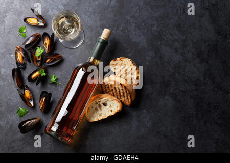 Cozze, crostini di pane e vino bianco sul tavolo di pietra. Vista da sopra con lo spazio di copia Foto Stock