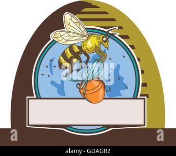 Disegno stile sketch illustrazione di un lavoratore honey bee portante un honey pot con nastro visto dal lato impostato all'interno del cerchio Illustrazione Vettoriale