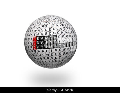 A cubetti con testo ,SEO ottimizzazione dei motori di ricerca su 3d sfera Foto Stock