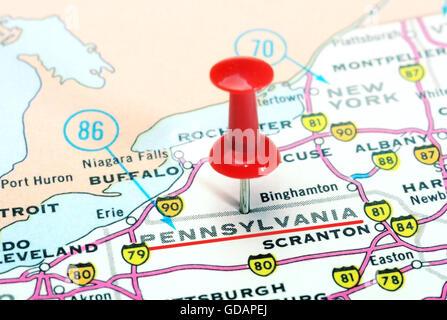 Close up della Pennsylvania State Usa mappa con perno rosso - Concetto di viaggio Foto Stock