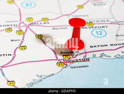 Close up di Houston USA mappa con perno rosso - Concetto di viaggio Foto Stock