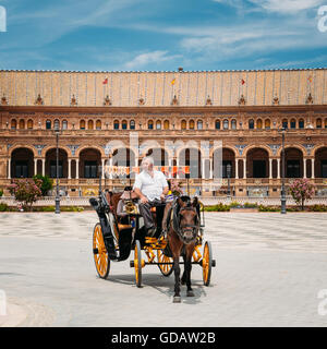 Siviglia, Spagna - 24 Giugno 2015: carro trainato da cavalli in Plaza de Espana in Siviglia, in Andalusia, Spagna. Piazza di Spagna. Foto Stock