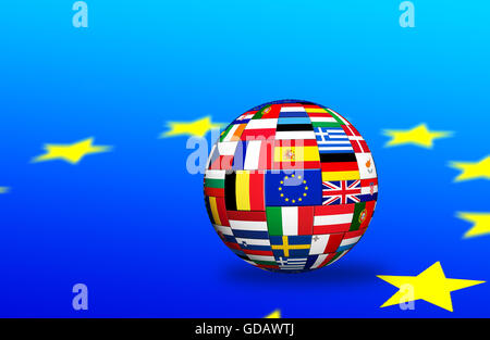 Bandiere di paesi dell'UE sul globo terrestre sfera sfera Foto Stock