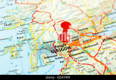 Glasgow Scozia ,Regno Unito mappa e pin - Concetto di viaggio Foto Stock