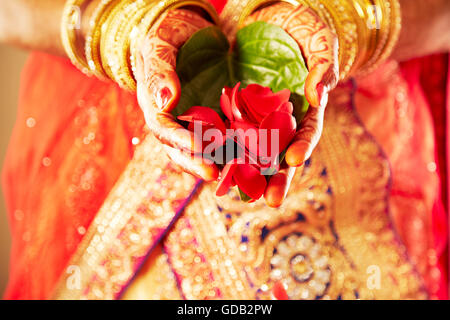 1 indian donna adulta sposa Mandap petalo di fiore a mani cupped Foto Stock