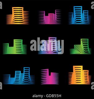 Isolato real estate logo collection. Edificio icona di colore. Affitto logo agenzia set. Icona di architettura. Costruzione agenzia di sviluppo logo. Città quartiere logotipo. Illustrazione Vettoriale