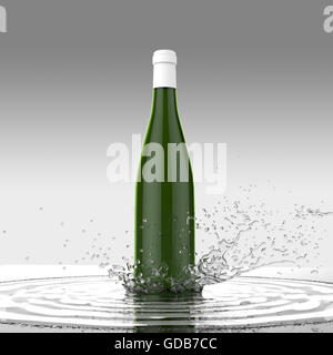 Vino di bottiglia vuota senza etichetta su sfondo colorato acqua splash Foto Stock