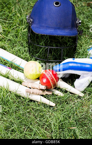 Giochi di cricket di erba Sfera attrezzatura, bails, guanti, casco, ceppi Foto Stock