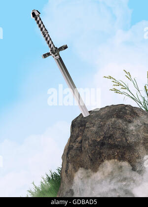 Spada excalibur Re Artù bloccato nella roccia isolata in pietra rendono. metafora del candidato prova richiedente Foto Stock