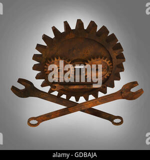 Jolly rodger fatta di rusty chiavi dinamometriche e ruote dentate, fallout post stile apocalittico emblema meccanico render vista laterale Foto Stock