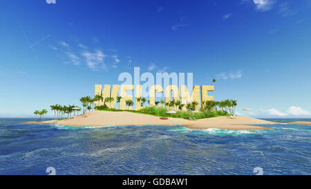 Il rendering di parola benvenuto di sabbia sul paradiso tropicale isola con palme un tende da sole. Vacanze estive tour concept. Foto Stock