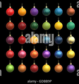 Natale colorati anno nuovo palline fatte di materiali diversi isolati su nero. Oro, plastica, metallo, la vernice dell'auto, metallica . eseguire il rendering Foto Stock