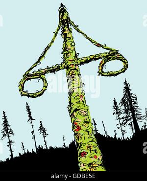 Schizzo di decorate Swedish midsummer holiday Maypole con due corone e foresta in background Illustrazione Vettoriale