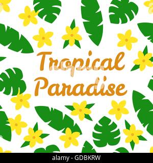 Paradiso tropicale card con fiori e foglie su sfondo bianco. Illustrazione Vettoriale