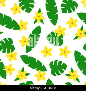 Modello senza cuciture con tropic foglie e fiori su fondo bianco. Illustrazione Vettoriale