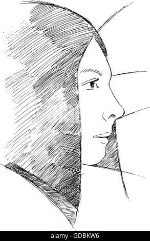 Ritratto della ragazza disegnata dipinto di penna gel. Illustrazione Vettoriale