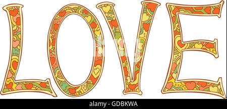 Disegnato a mano le lettere colorate amore isolato di testo su sfondo bianco. Illustrazione Vettoriale