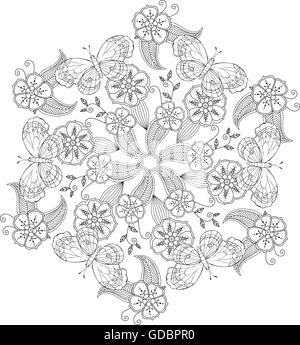 Mandala Mendie con farfalle e fiori e foglie. Zenart ispirato. Illustrazione Vettoriale