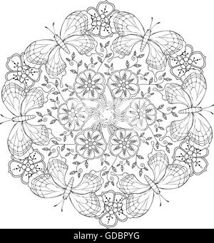 Mandala Mendie con farfalle e fiori. Illustrazione Vettoriale