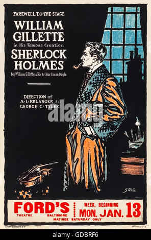 "Sherlock Holmes' cartellone per un gioco adattato da piani di Sir Arthur Conan Doyle da William Gillette (1853-1937) che ha anche svolto il ruolo di titolo; da Ford Grand Opera House, Baltimora durante il 'Farewell Tour' gennaio 1930. Illustrazione di Frederic Décorétrès Steele (1873-1944). Vedere la descrizione per maggiori informazioni. Foto Stock