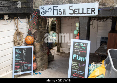 Il venditore di pesce shop segno, Cadgwith, penisola di Lizard, Cornwall, Regno Unito Foto Stock