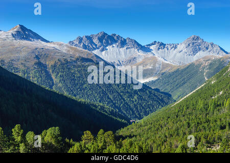 Vista dalla Val Sesvenna fino alla Val S-charl e alla Val Tavrü sul lato opposto,Bassa Engadina,Svizzera Foto Stock