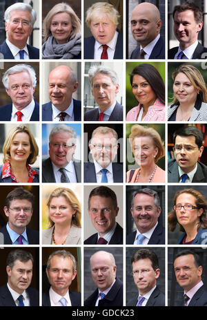 File di foto del Primo Ministro Theresa Maggio recentemente nominati ministri (fila superiore da sinistra a destra) il Segretario della Difesa Michael Fallon, giustizia Segretario Liz Truss, Segretario agli Affari Esteri Boris Johnson, Comunità Segretario Sajid Javid, Segretaria di salute Jeremy Hunt, (seconda riga da sinistra a destra) il segretario di Stato per la Brexit David Davis, il lavoro e le pensioni Segretario Damian verde, il Cancelliere dello Scacchiere Philip Hammond, Sviluppo Internazionale Segretario Priti Patel, cultura, mezzi di comunicazione e lo Sport Segretario Karen Bradley (terza fila da sinistra a destra) Home Secretary Ambra Rudd, Partito Tory presidente e Chanc Foto Stock