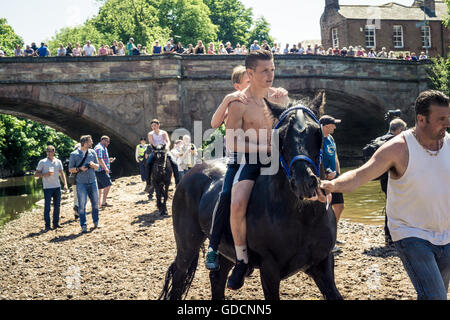 Due ragazzi in sella ad un cavallo bareback a Appleby Horse Fair in Cumbria Foto Stock