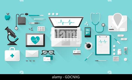 Doctor's desktop con delle cure mediche di strumenti e apparecchiature, laptop, tablet e telefono Illustrazione Vettoriale