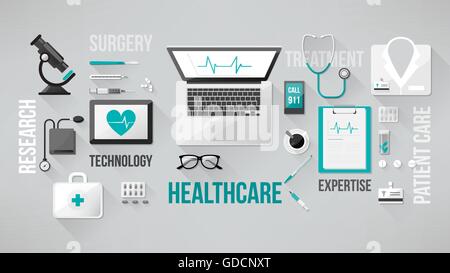 Doctor's desktop con delle cure mediche di strumenti e apparecchiature, laptop, tablet e telefono Illustrazione Vettoriale