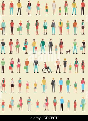 Persone seamless pattern con set di caratteri di Piana, uomini, donne, bambini Illustrazione Vettoriale