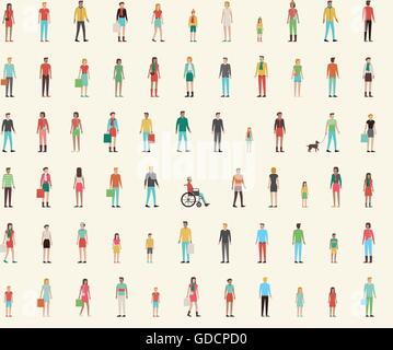 Persone seamless pattern con set di charachters piana, uomini, donne, bambini Illustrazione Vettoriale