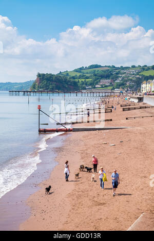 Gente che cammina lungo la spiaggia di Teignmouth vicino a Dawlish, Devon, Inghilterra. Foto Stock