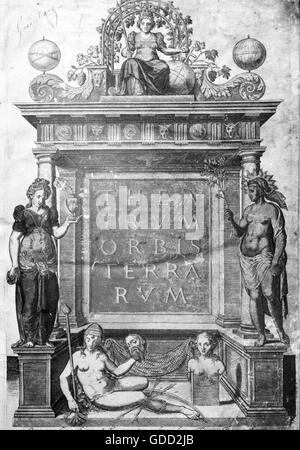 Ortelius, Abraham, 14.4.1527 - 28.6.1598, geografo e cartografo fiammingo, opere, "Theatrum Orbis Terrarum", titolo, Paesi Bassi, 1592, Foto Stock
