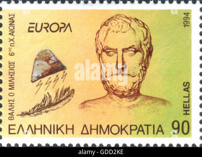 Thales of Miletus, circa 624 a.C. - circa 546 a.C., filosofo greco, uno dei sette saggi, ritratto, francobollo, Grecia, 1994, Foto Stock