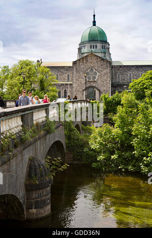 Irlanda, Co Galway, Galway, Cattedrale attraverso Salmon Weir Bridge Foto Stock