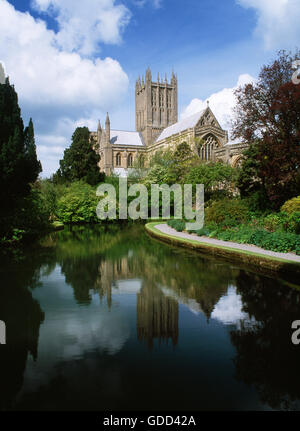 Cattedrale di Wells, Somerset, fine e cercando NW sopra i pozzetti, a forma di L in piscina i giardini del Palazzo Vescovile dove quattro molle sacro luogo. Foto Stock